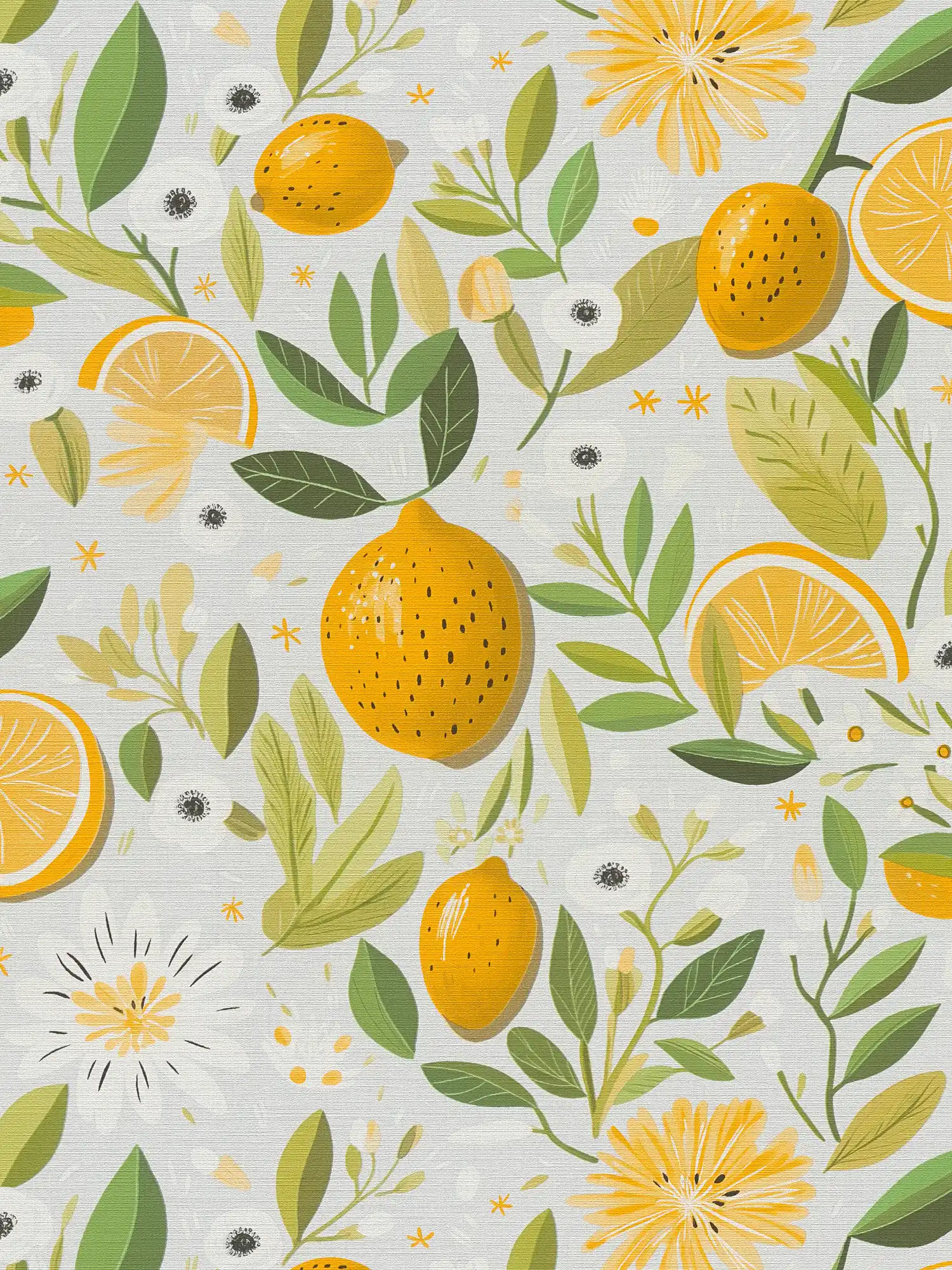         Non-woven wallpaper with oranges and leaves fine textured and matt look - yellow, grey, green
    