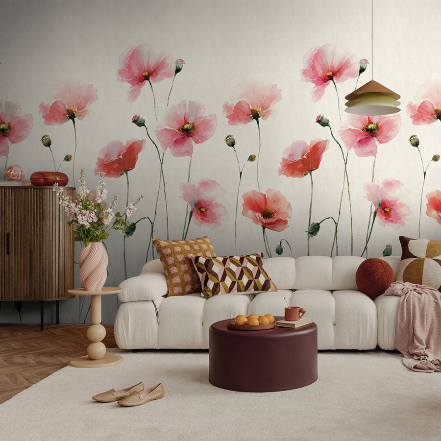 wohnzimmer, wandbild, pinke blumen, sofa, tisch