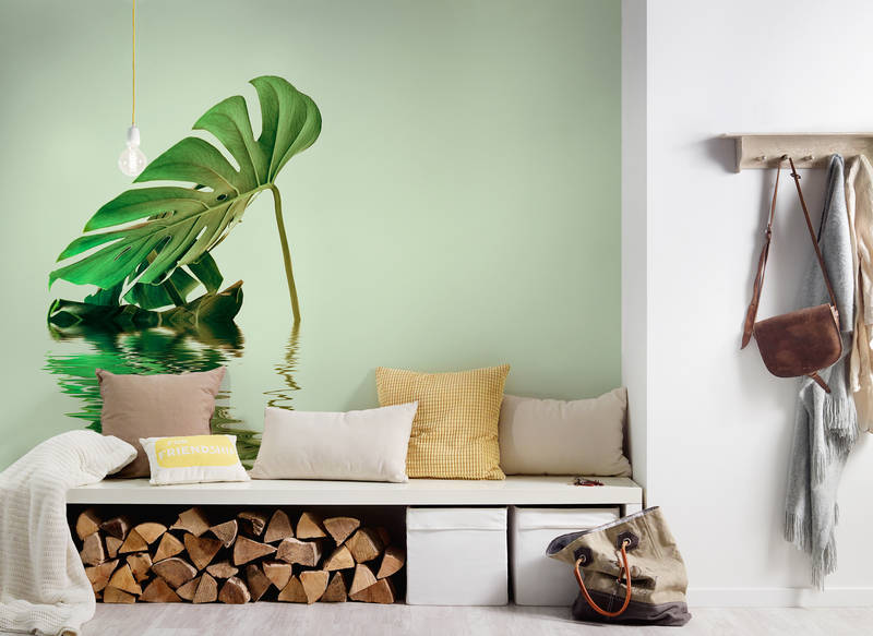 Hintergrundwand, Monstera-Blatt-Motiv, Wohnzimmerbank, Holzscheite, Kissen