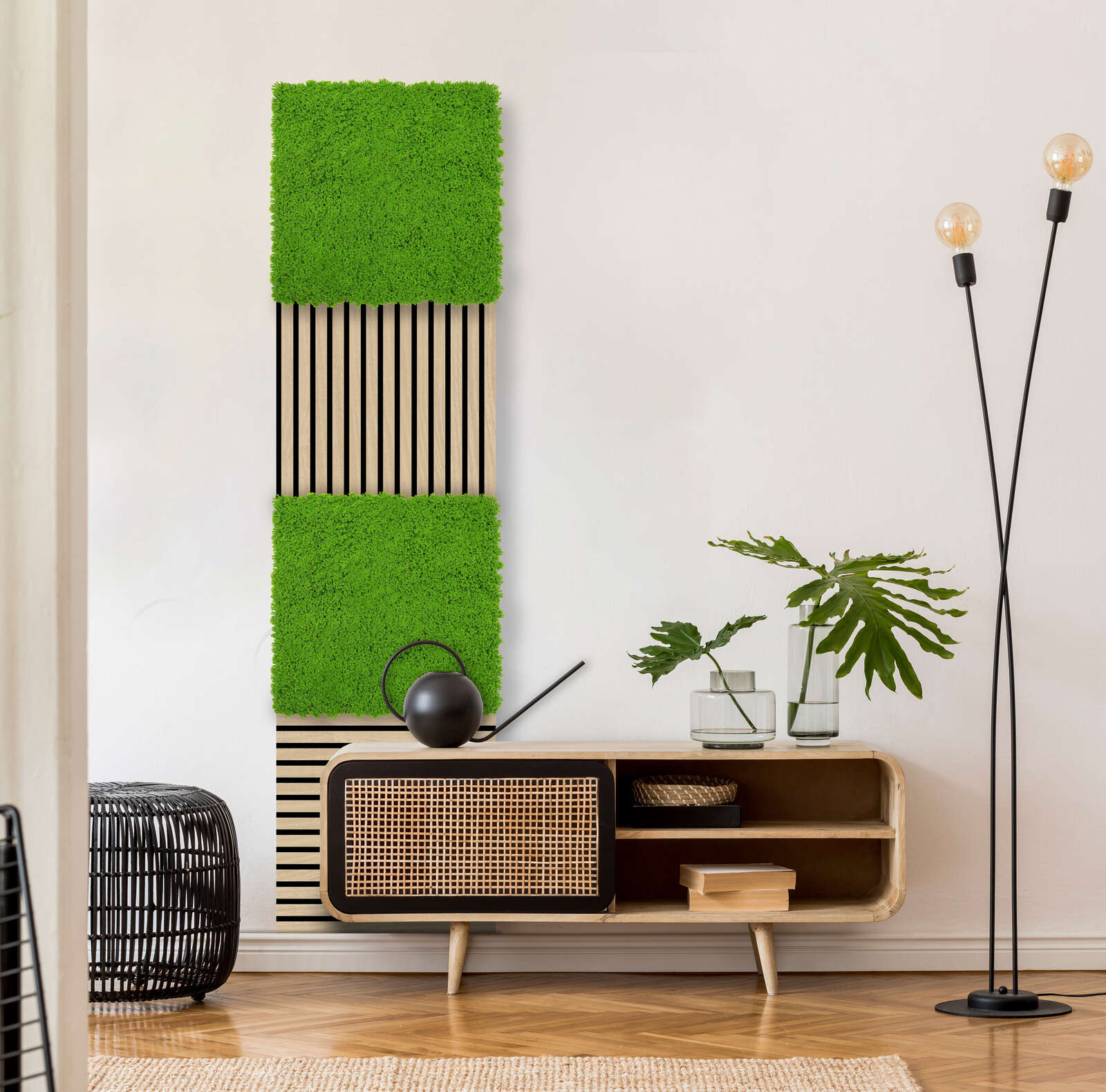 grün, Kunstpflanze, Wandpaneel, Holzsideboard, Wohnzimmer