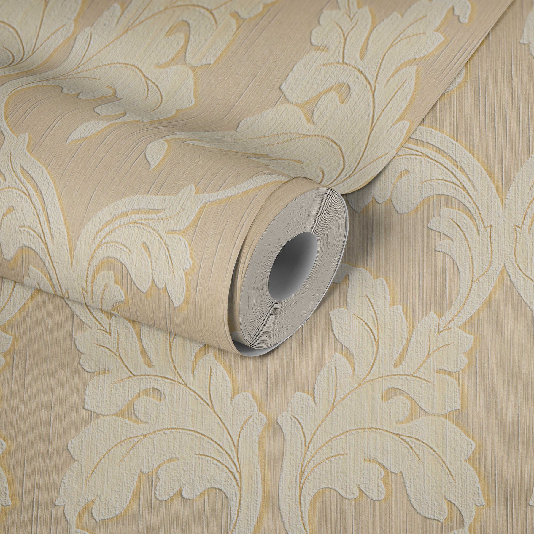             Textil Tapete mit Barock Ranken – Beige, Gelb
        