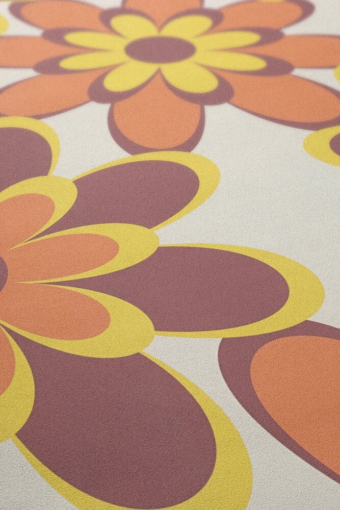 Retro behang jaren 70 - behang vintage bloemen paars oranje roze crème