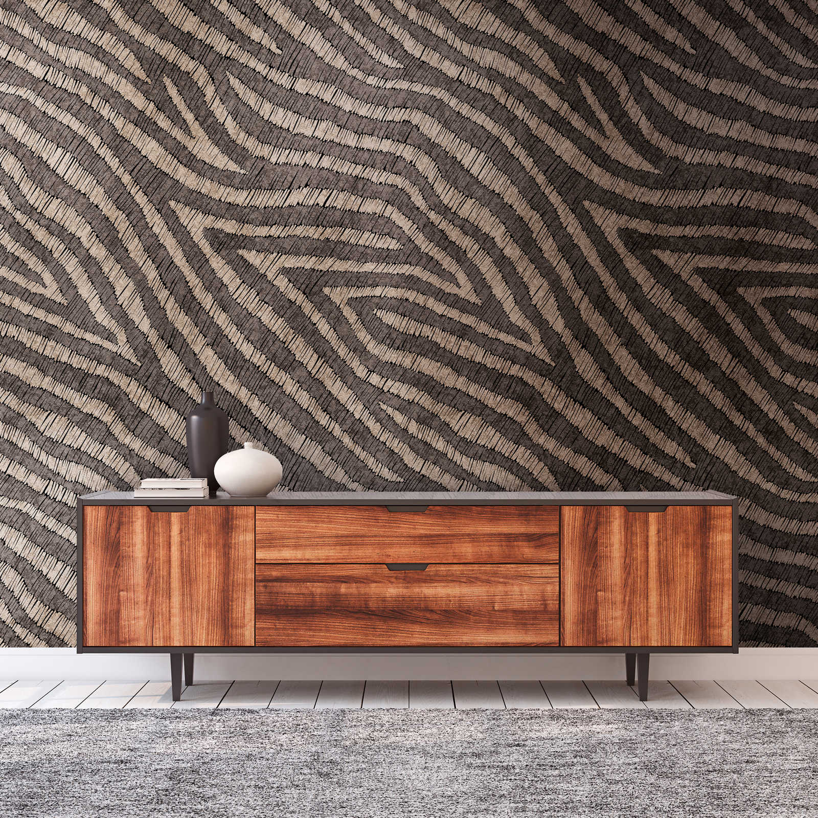 Sideboard, Medienkonsole, Holzschrank, Mid-Century, gemustertes Tapetenmuster