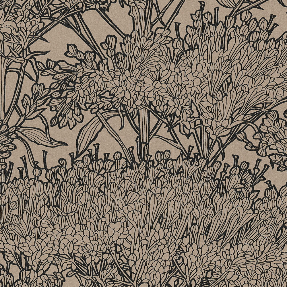             Blumentapete in Beige mit schwarzen Konturen – Braun, Grau, Beige
        