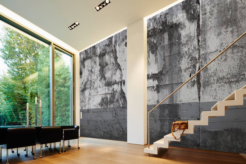 Treppenstufe, Betonwand, modernes Interieur, Holzboden, Glaswand