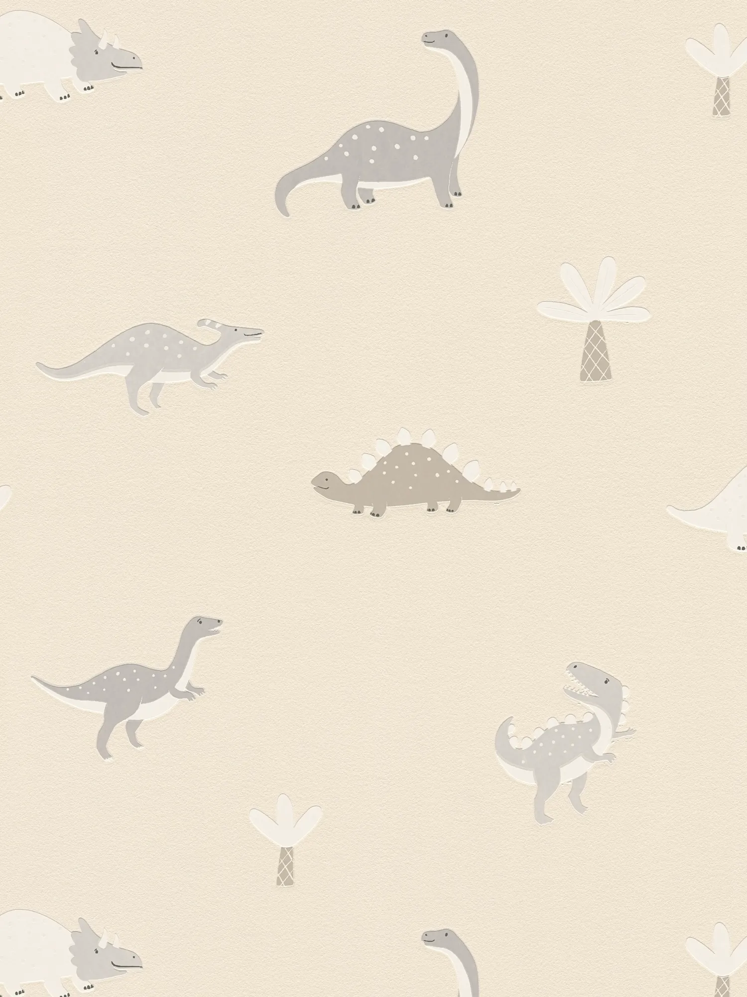 Vliestapete Kinderzimmer Dinosaurier , leicht glänzend, neutrale helle Farbgebung – Creme, Grau