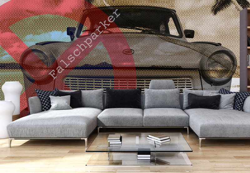 wohnzimmer, sofa, couchtisch, wandbild, auto-motiv