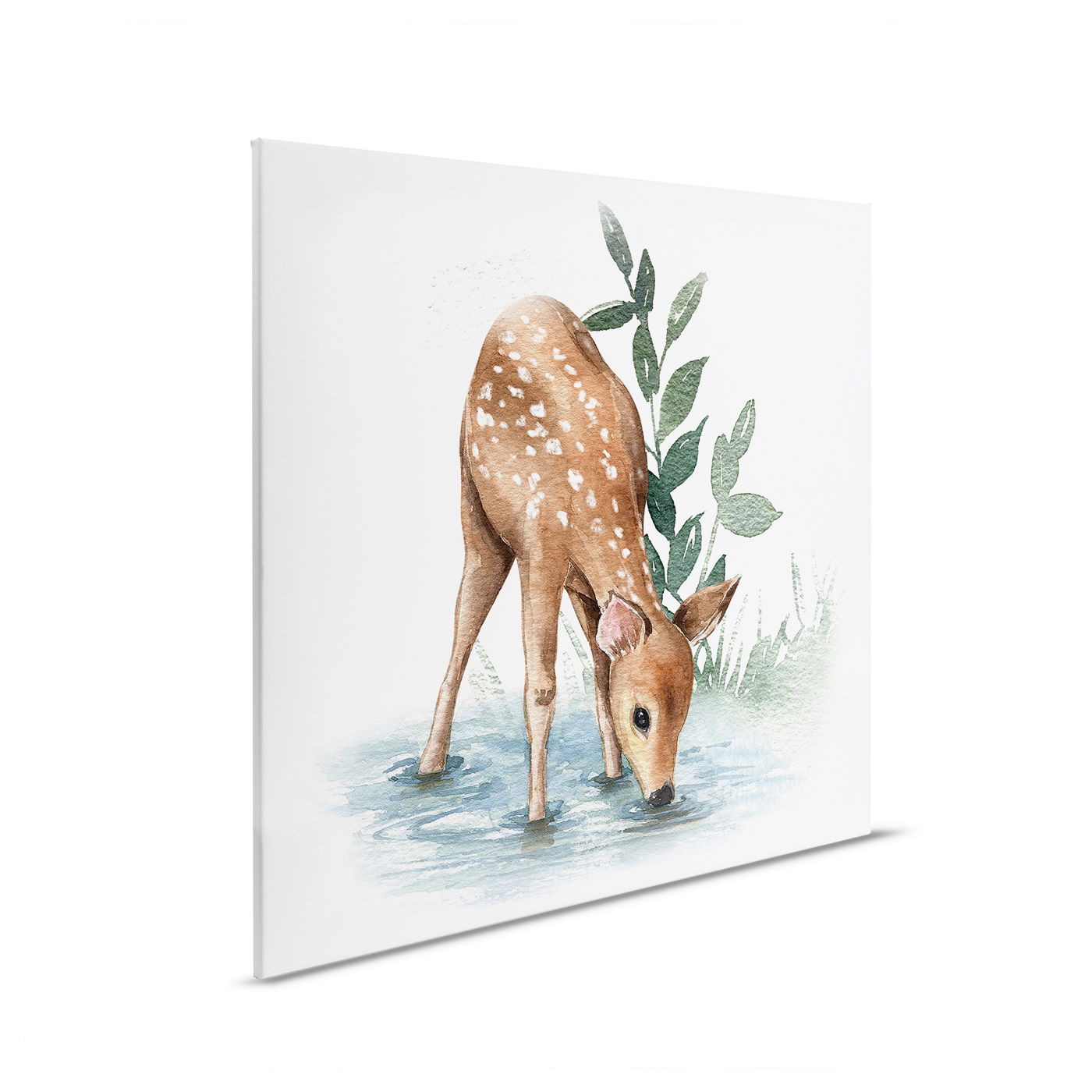         Leinwandbild Rehkitz am Wasser - Sanftes Naturmotiv für Kinderzimmer – 30 x 30 cm - Blau, Braun
    