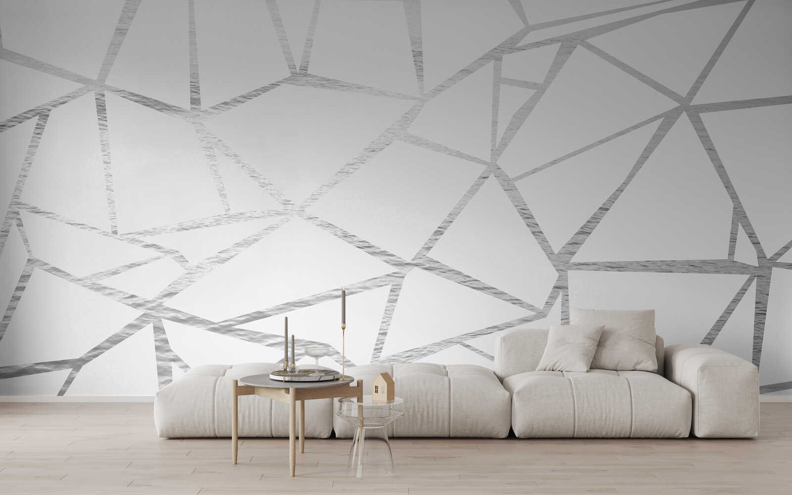 Wohnzimmerwand, Geometrische Muster, Graue Tapete, Sofa-Landschaft, Moderne Einrichtung
