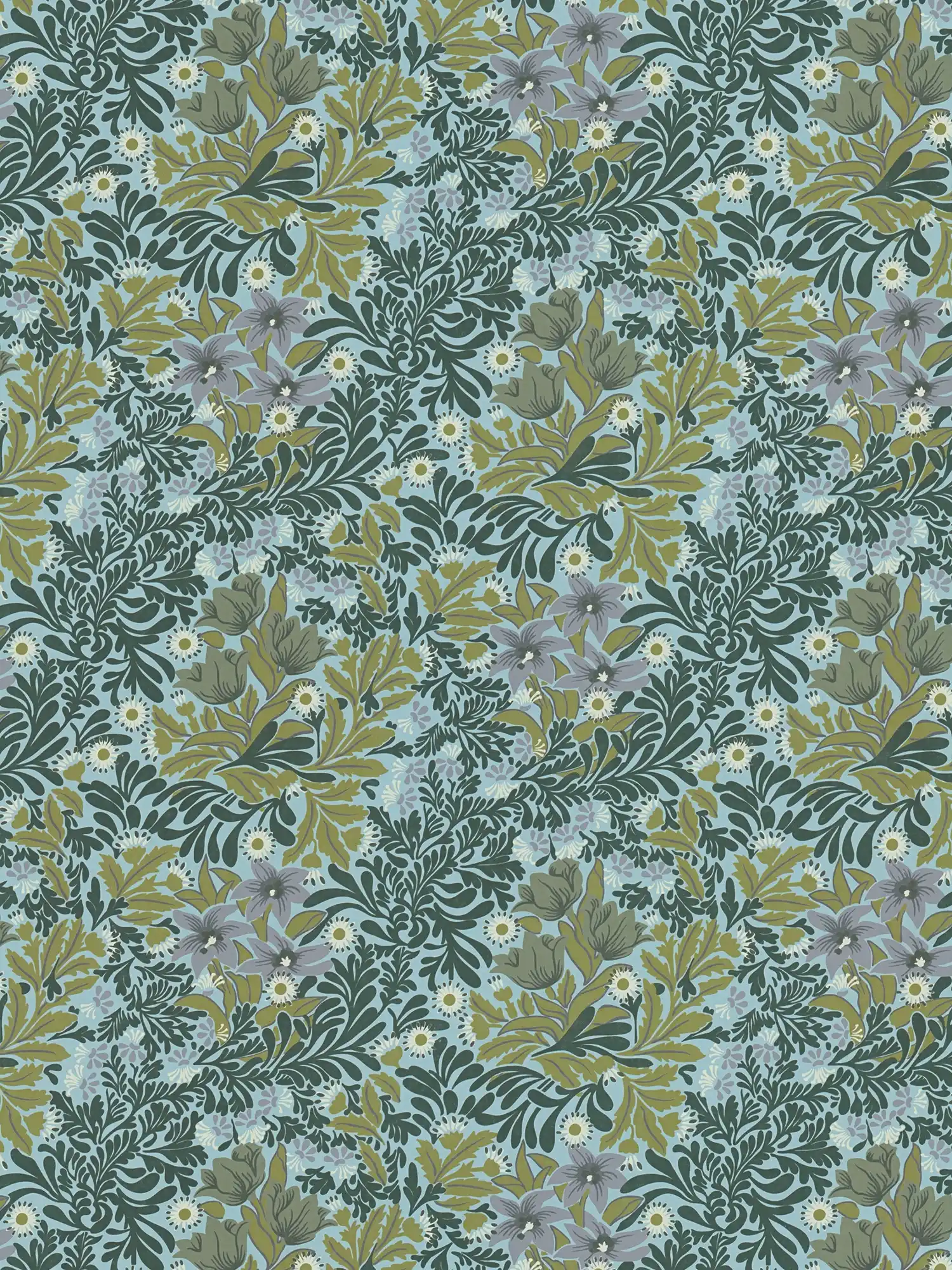         Natürliche Tapete mit verschiedenen Blüten und Sträuchern – Grün, Blau, Schwarz
    