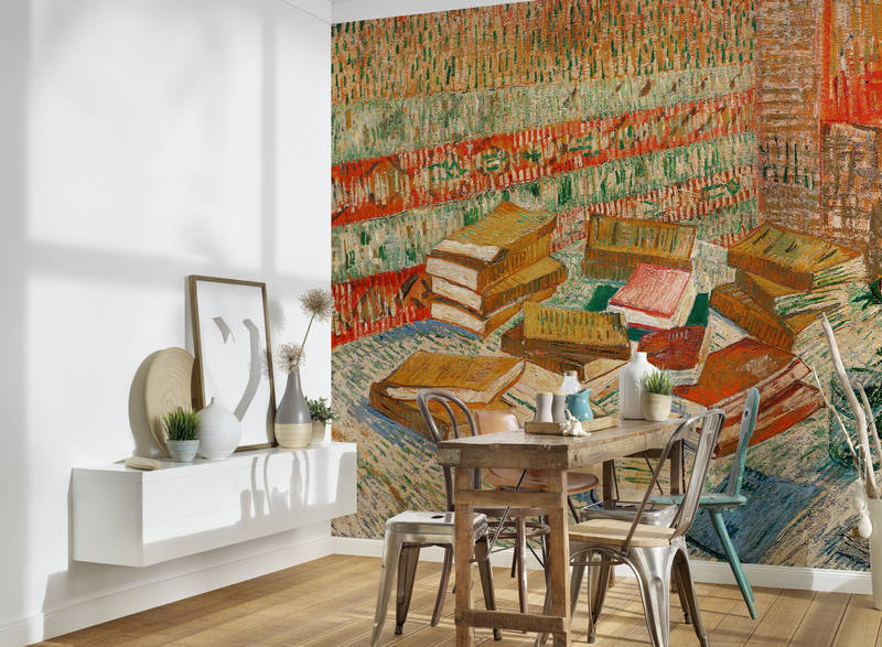 tisch, stuhl, wandschale, wandtapete, bücherturm
