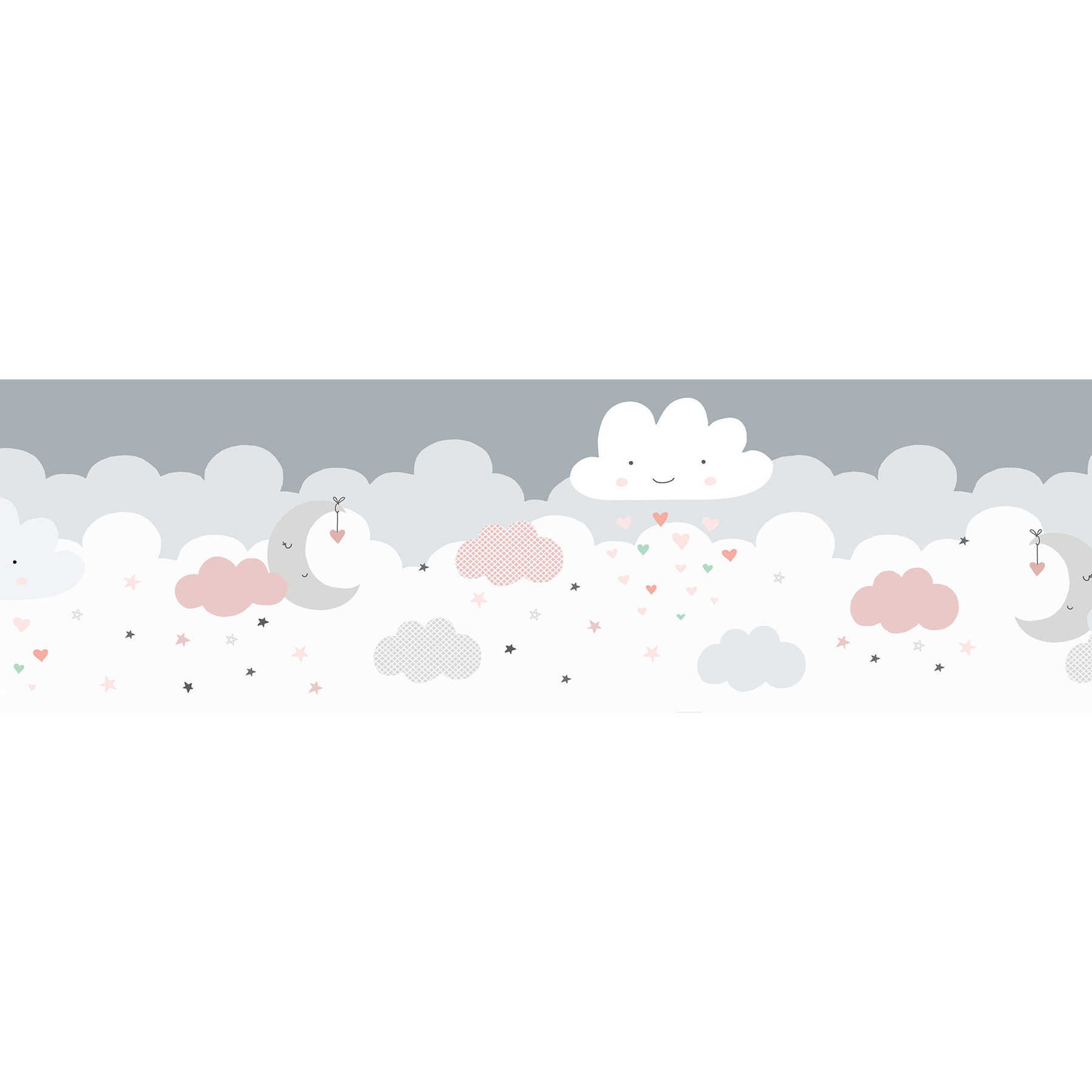         Self-adhesive baby room border "Pink sugar clouds" - pink, grey, white
    