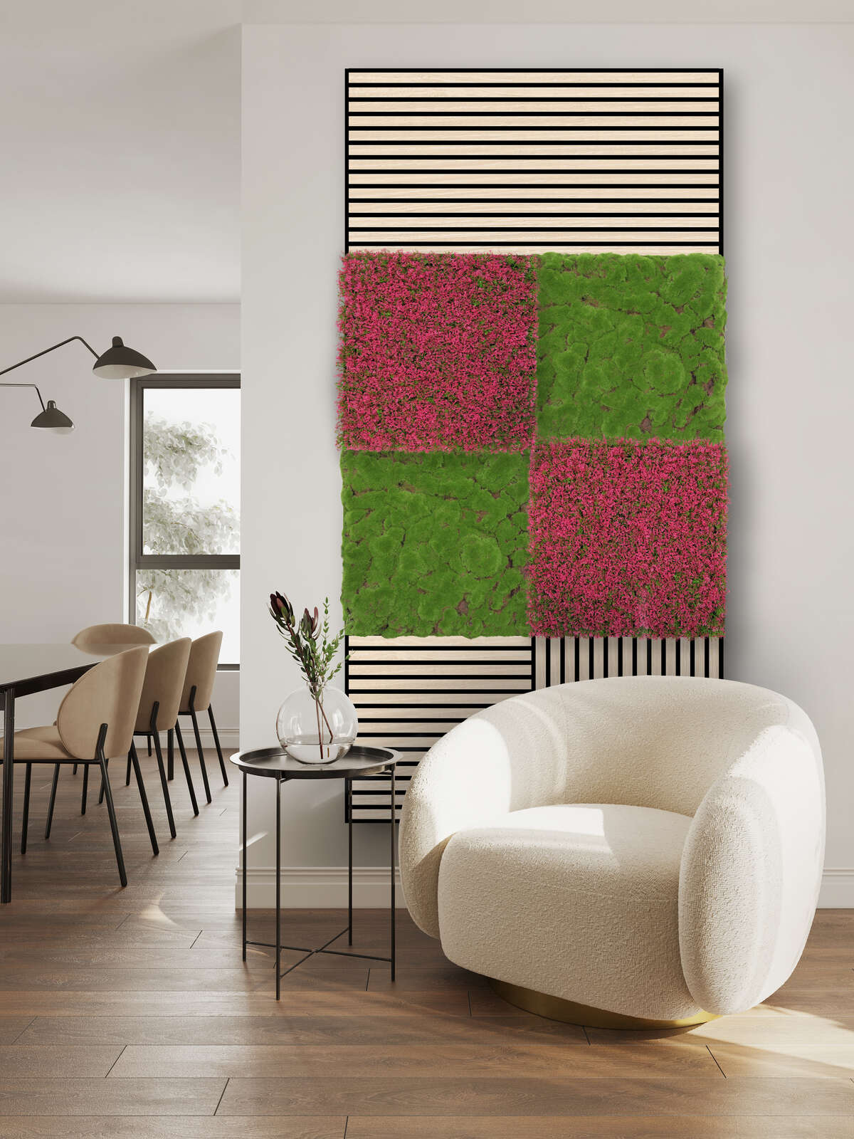 möbel, wohnzimmer, wanddekoration, pflanzenwand, sessel