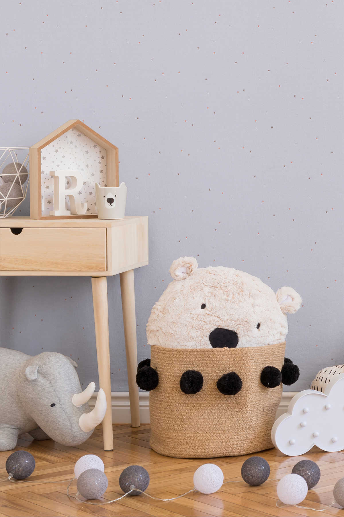 Fliederfarbene Kindertapete mit metallic Punkten – Blau