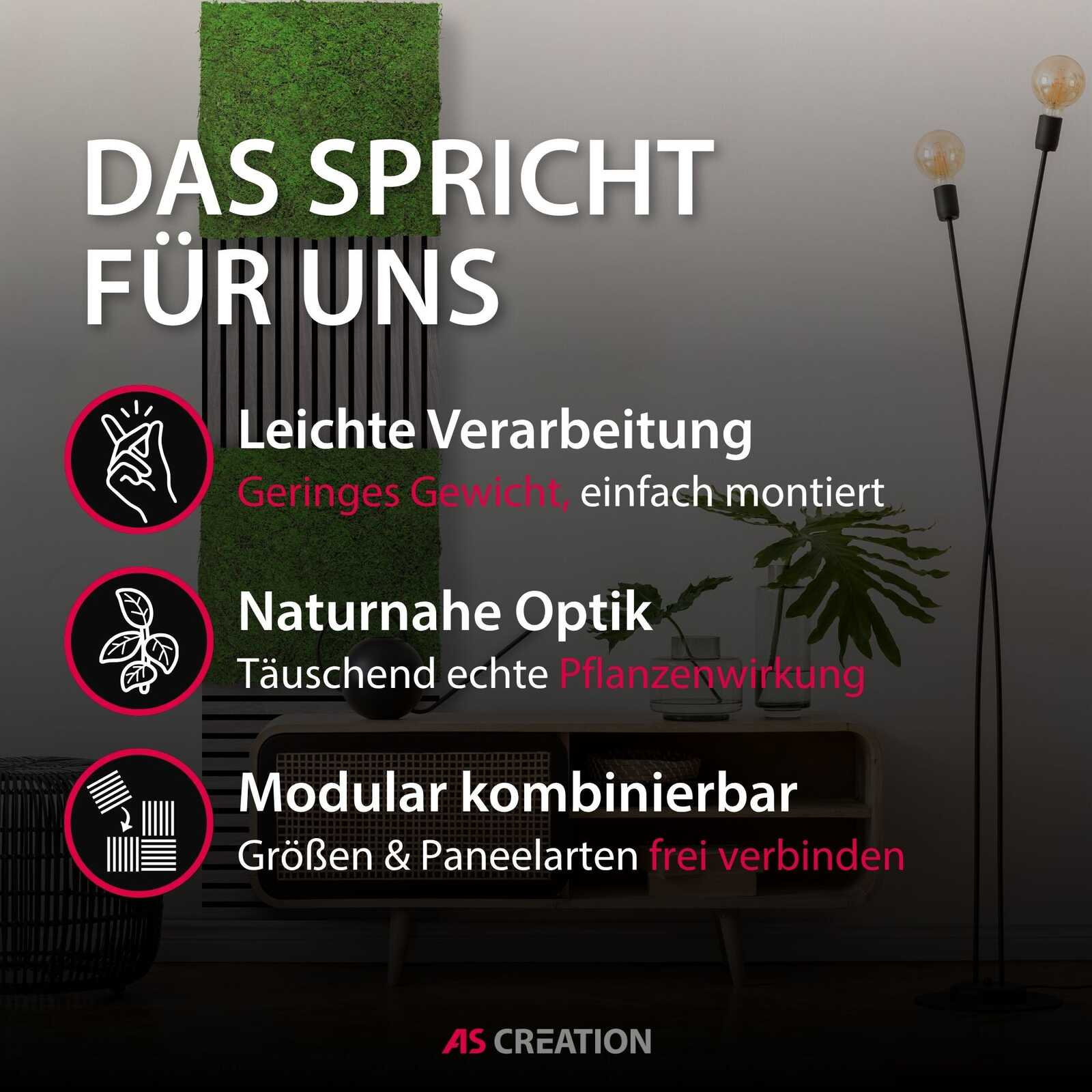 Modular, Pflanzenwirkung, Naturnahe Optik, Leichte Verarbeitung, Gliederung
