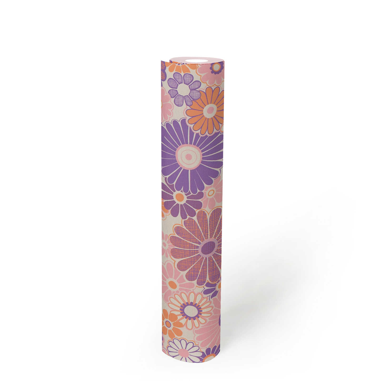             Leicht strukturierte Vliestapete mit floraler Bemusterung – Lila, Orange, Rosa
        