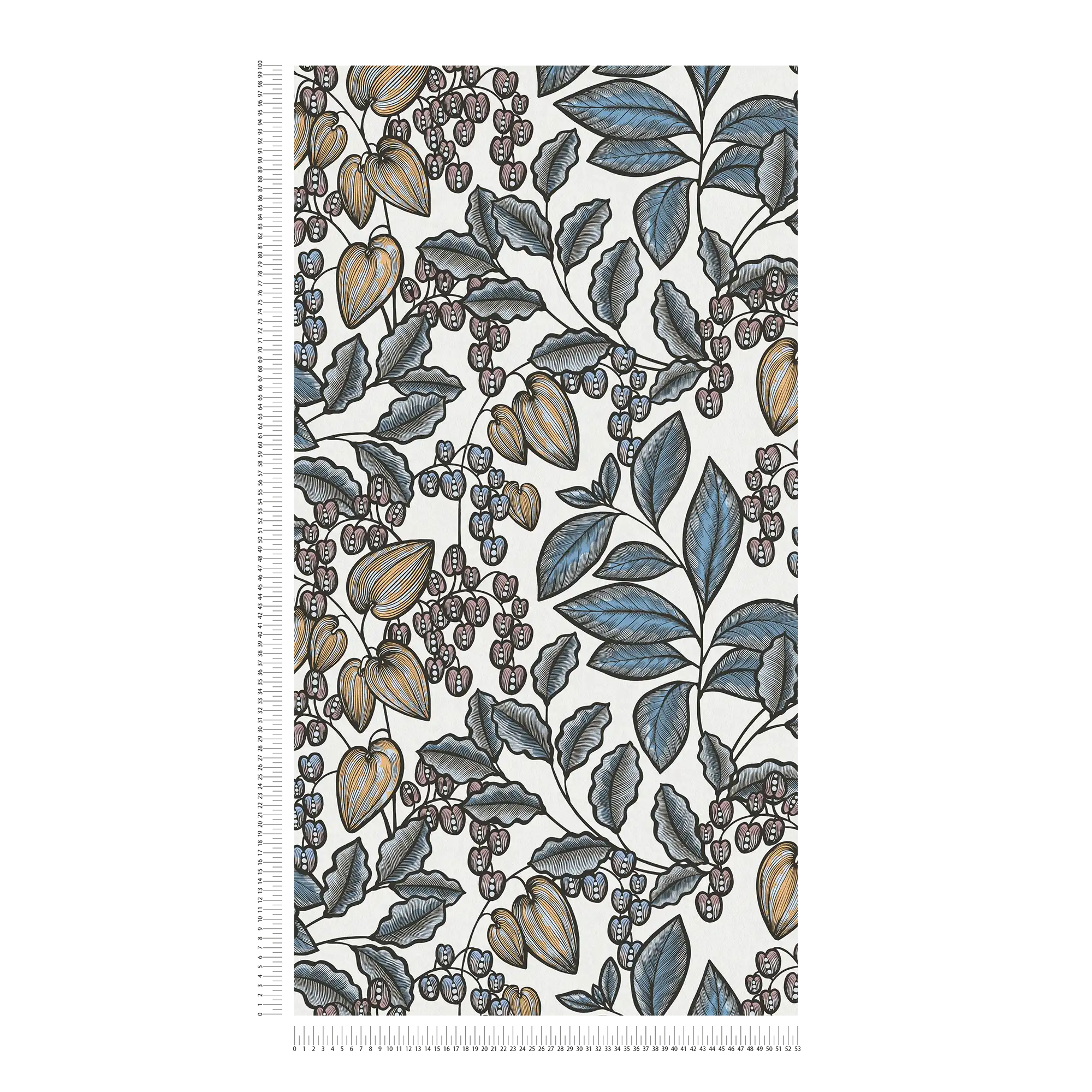             Modern behang bladeren patroon in retro look - blauw, wit, geel
        