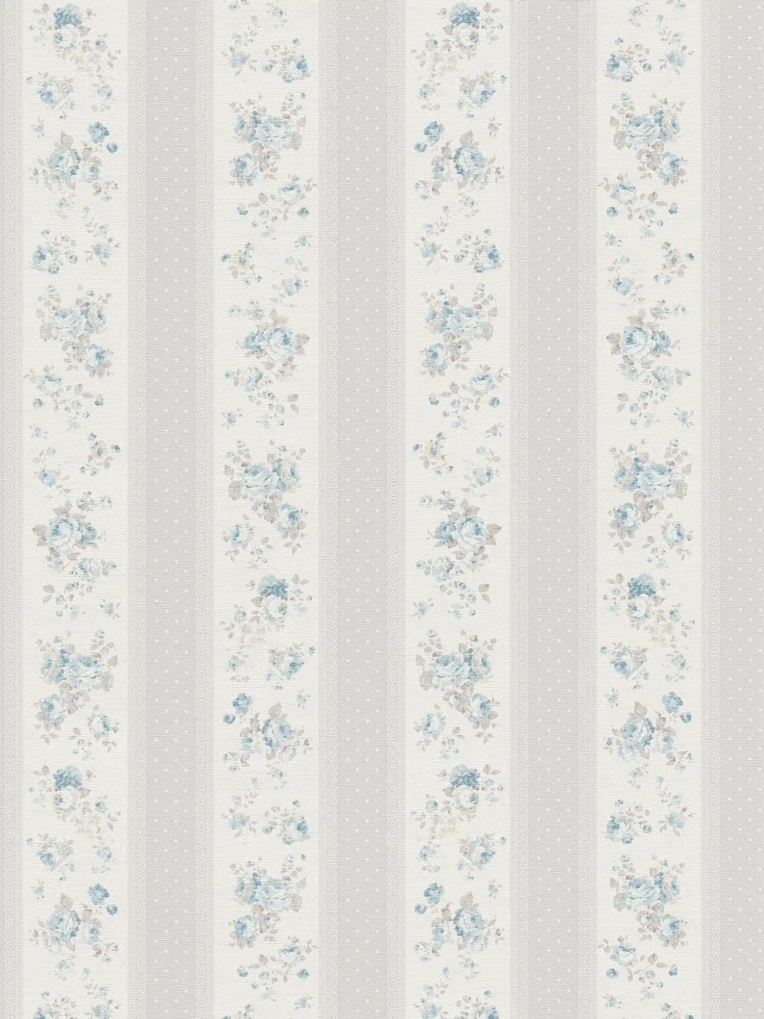         Non-woven wallpaper with dotted and floral stripes - grey, white, blue
    
