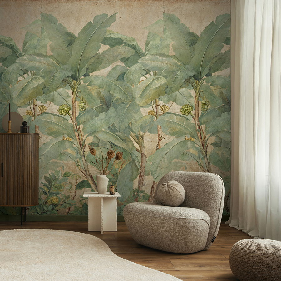 Wandtapete, Pflanzenmotiv, Bananenblätter, Wohnzimmerdekor, Sessel