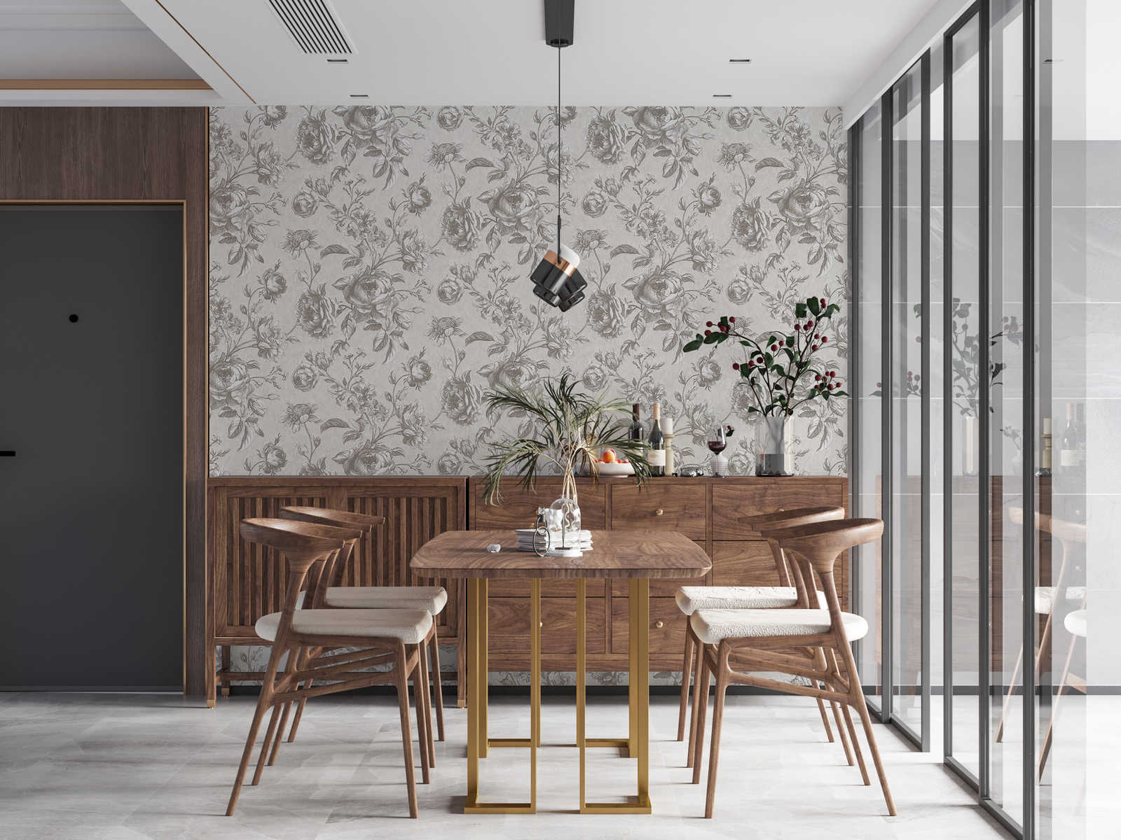             behang roos patroon in vintage teken stijl - grijs, crème
        