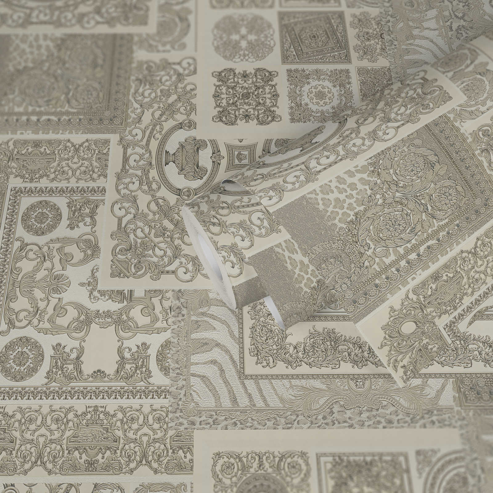 VERSACE Home Tapete Barock-Details &amp; Animal Print – Silber, Grau, Weiß