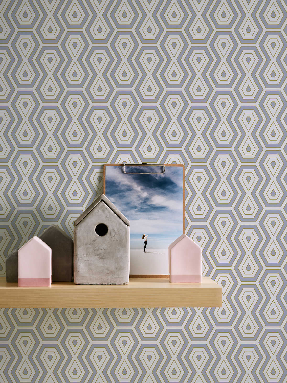 Vliestapete Grau Gold Muster im geometrischen Retro Design