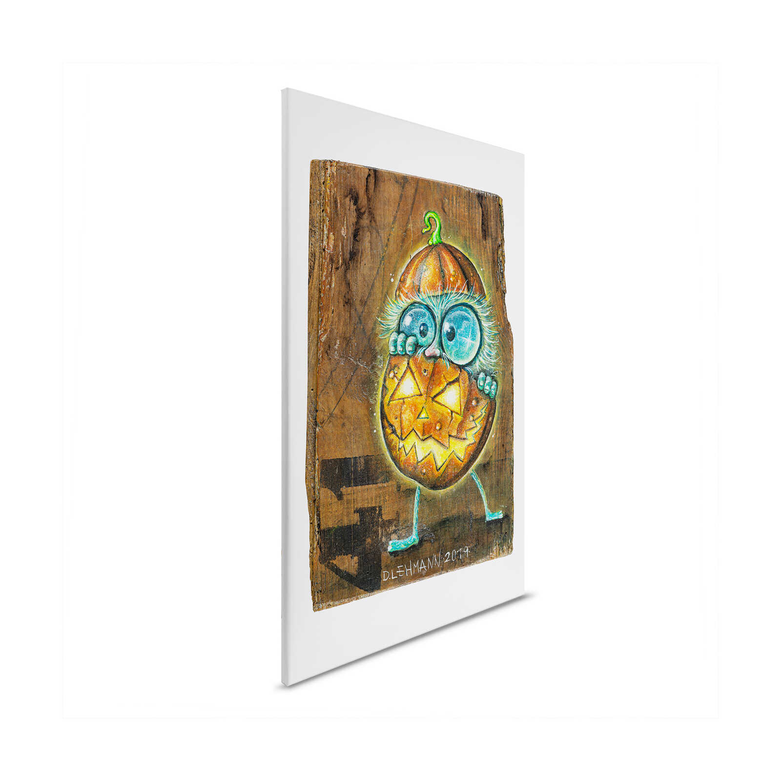         Glowing pumpkin canvas mural 1m wide x 0.7m high - Whimsical design with cheerful fantasy creature - Colourful
    