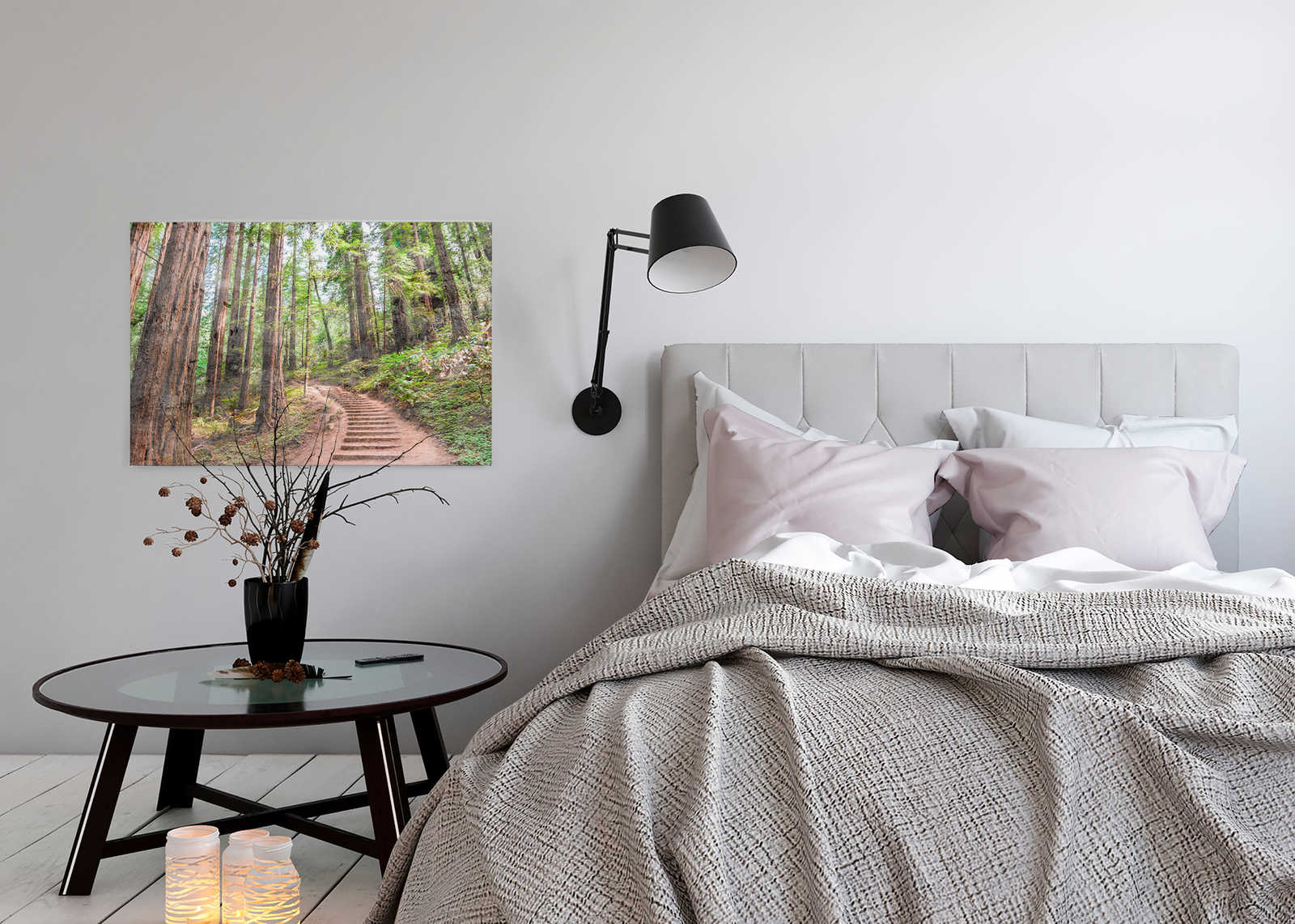             Leinwand mit Holztreppe durch den Wald | braun, grün, blau – 0,90 m x 0,60 m
        