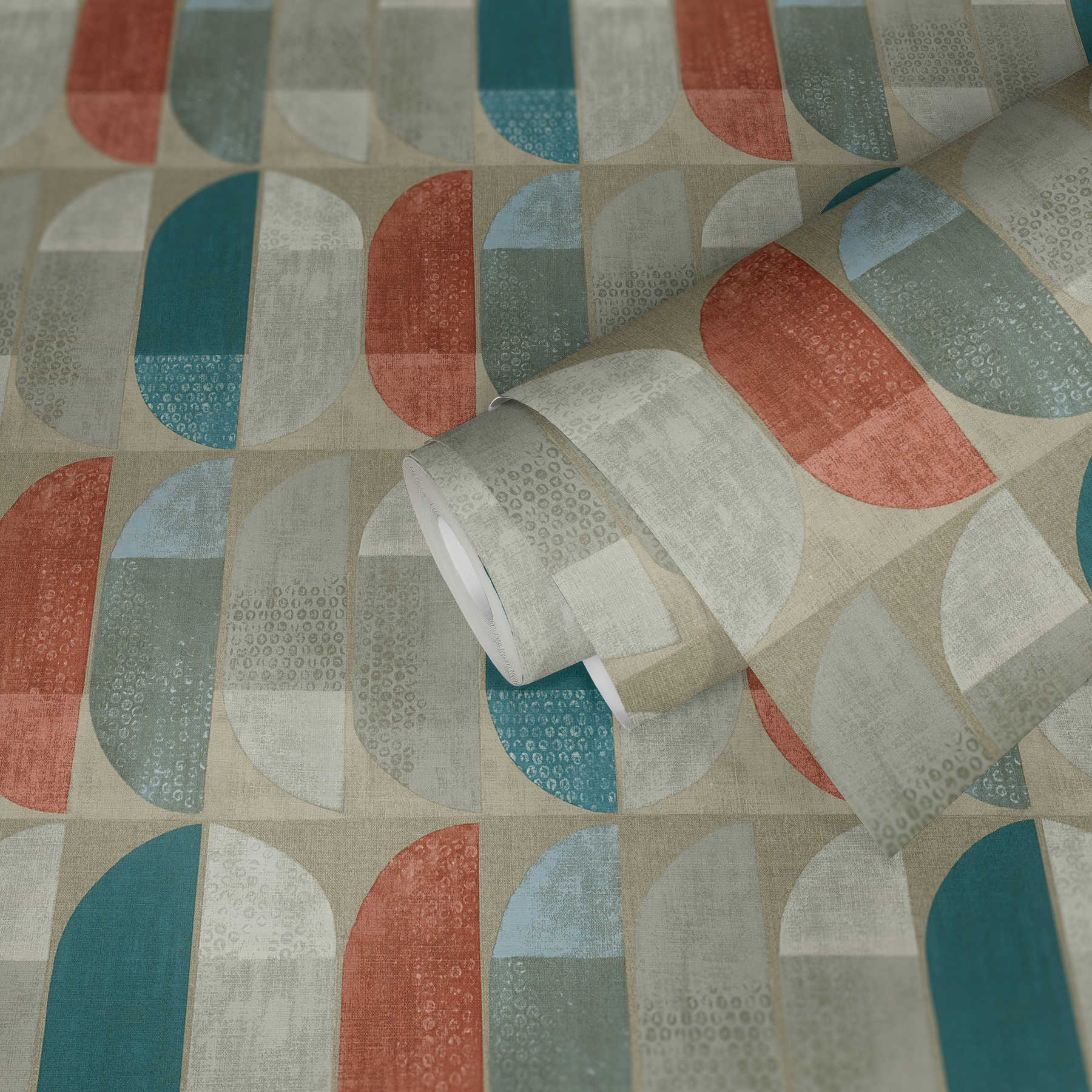             Tapete geometrisches Retro-Muster, Scandinavian Style - Beige, Rot, Blau
        