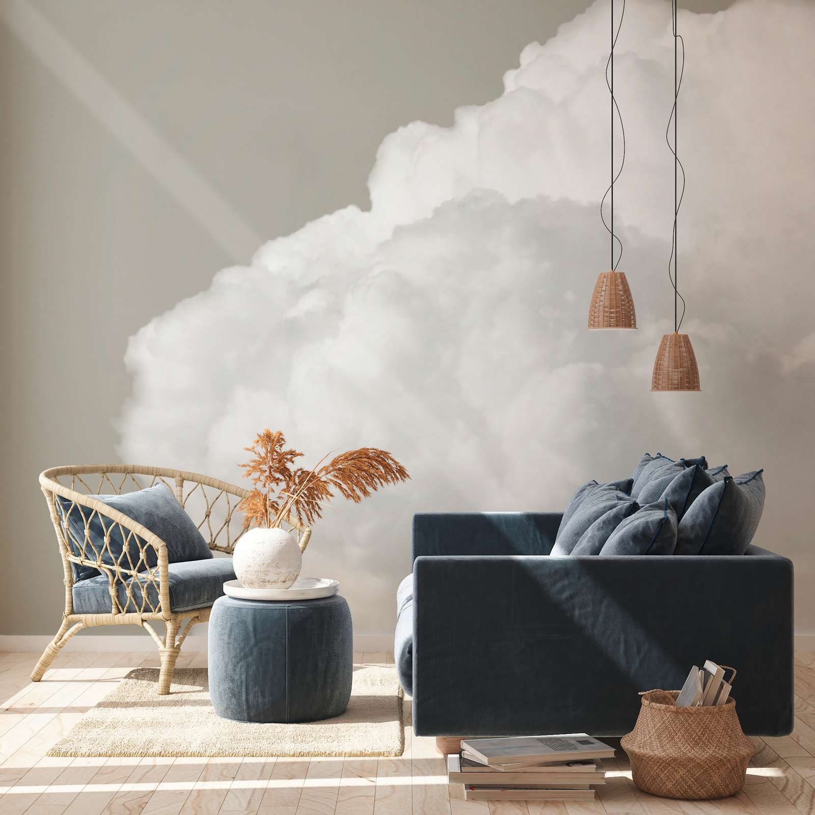 Wohnzimmer, Sofa, Korb, Lampe, Wandmotiv