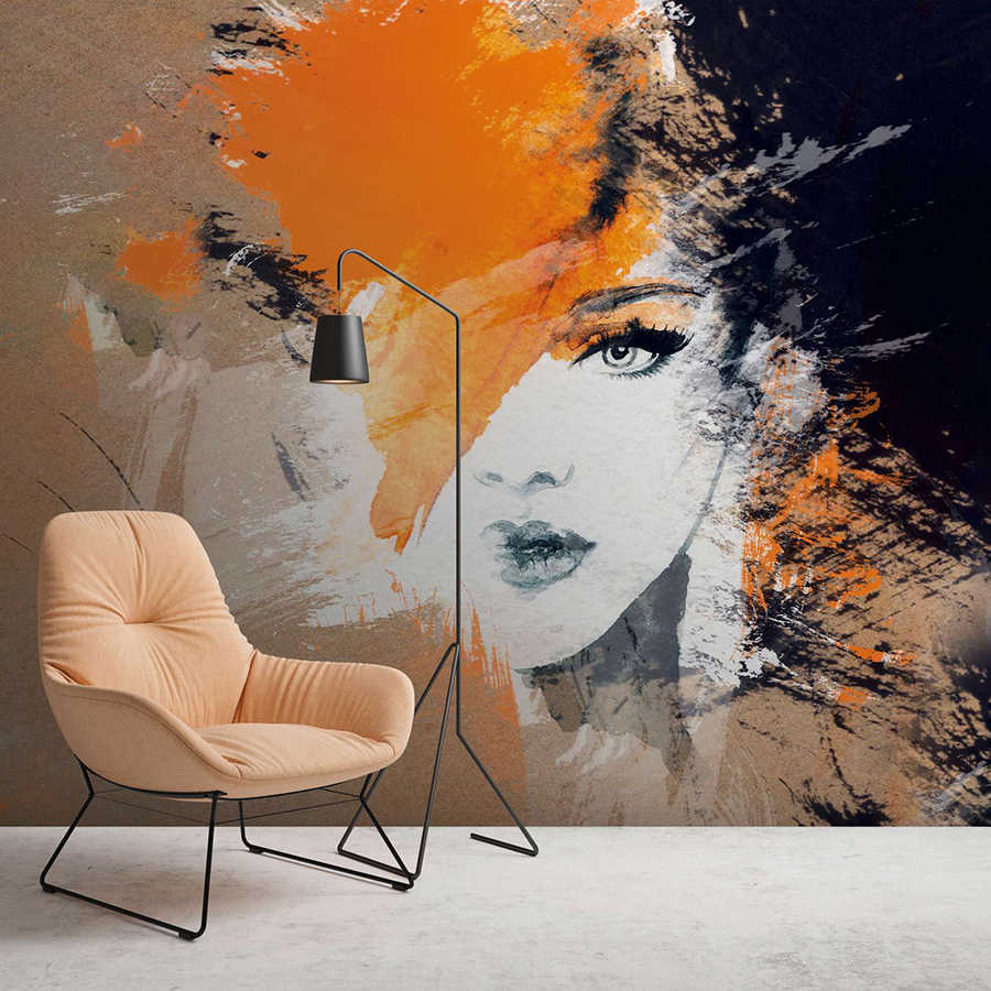 wandbild, wanddeko, porträt, orange akzente, stuhl