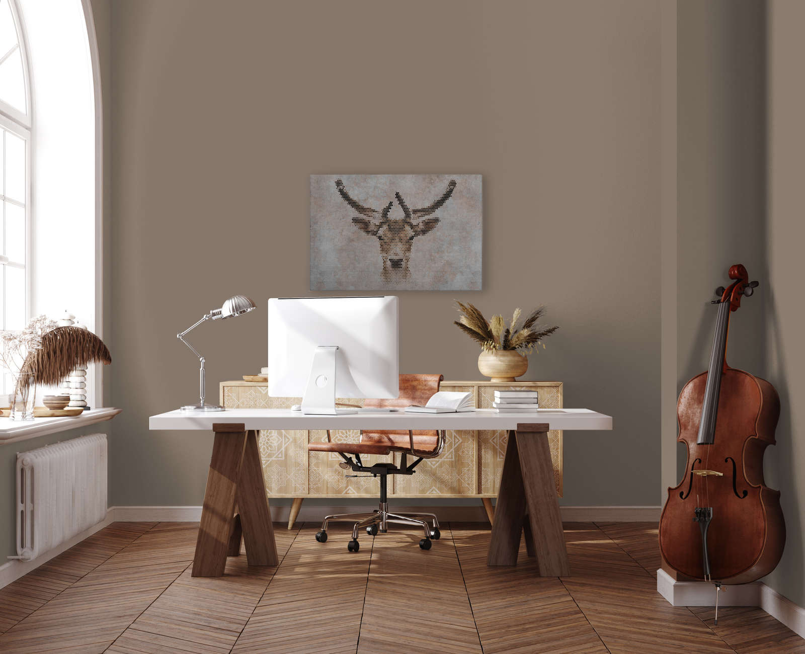             Big three 3 - Leinwandbild, Betonoptik mit Hirsch in naturleinen Struktur – 0,90 m x 0,60 m
        