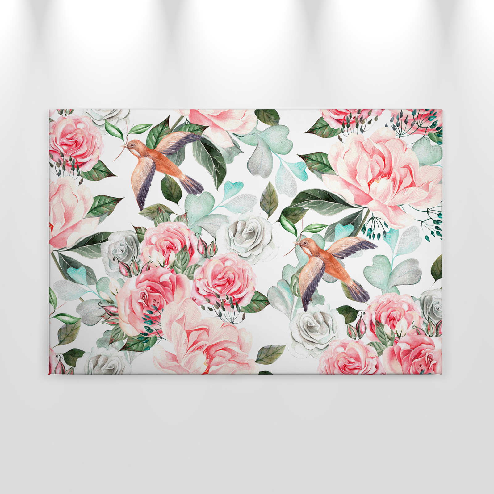             Vintage Leinwand mit Blumen & Vögeln – 0,90 m x 0,60 m
        