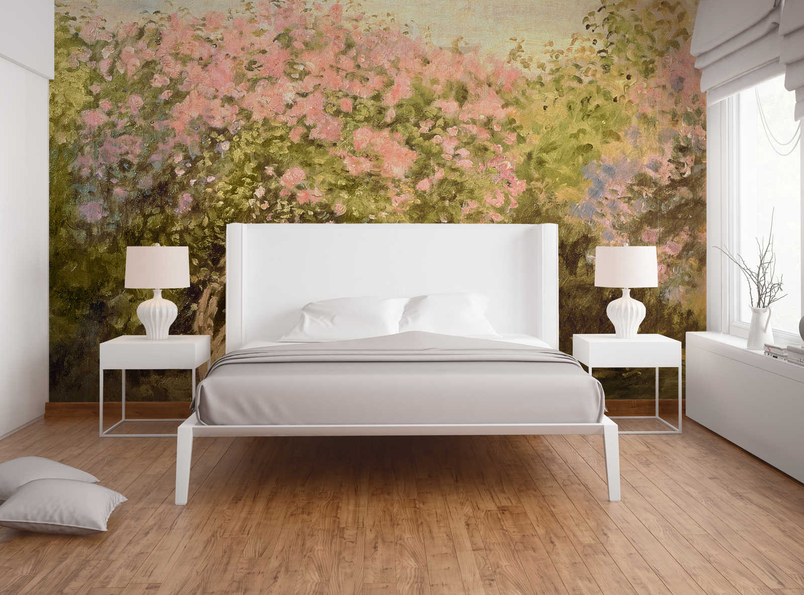 bett, bettwand, blumenkunst, paneelsicht, schlafzimmer