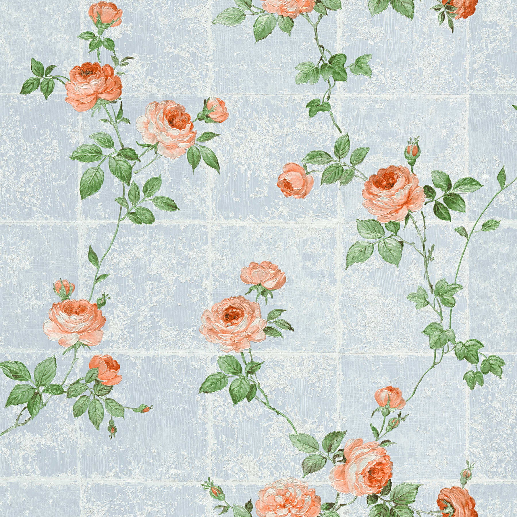         Papier peint aspect carrelage Used Lok avec rinceaux de roses - bleu
    
