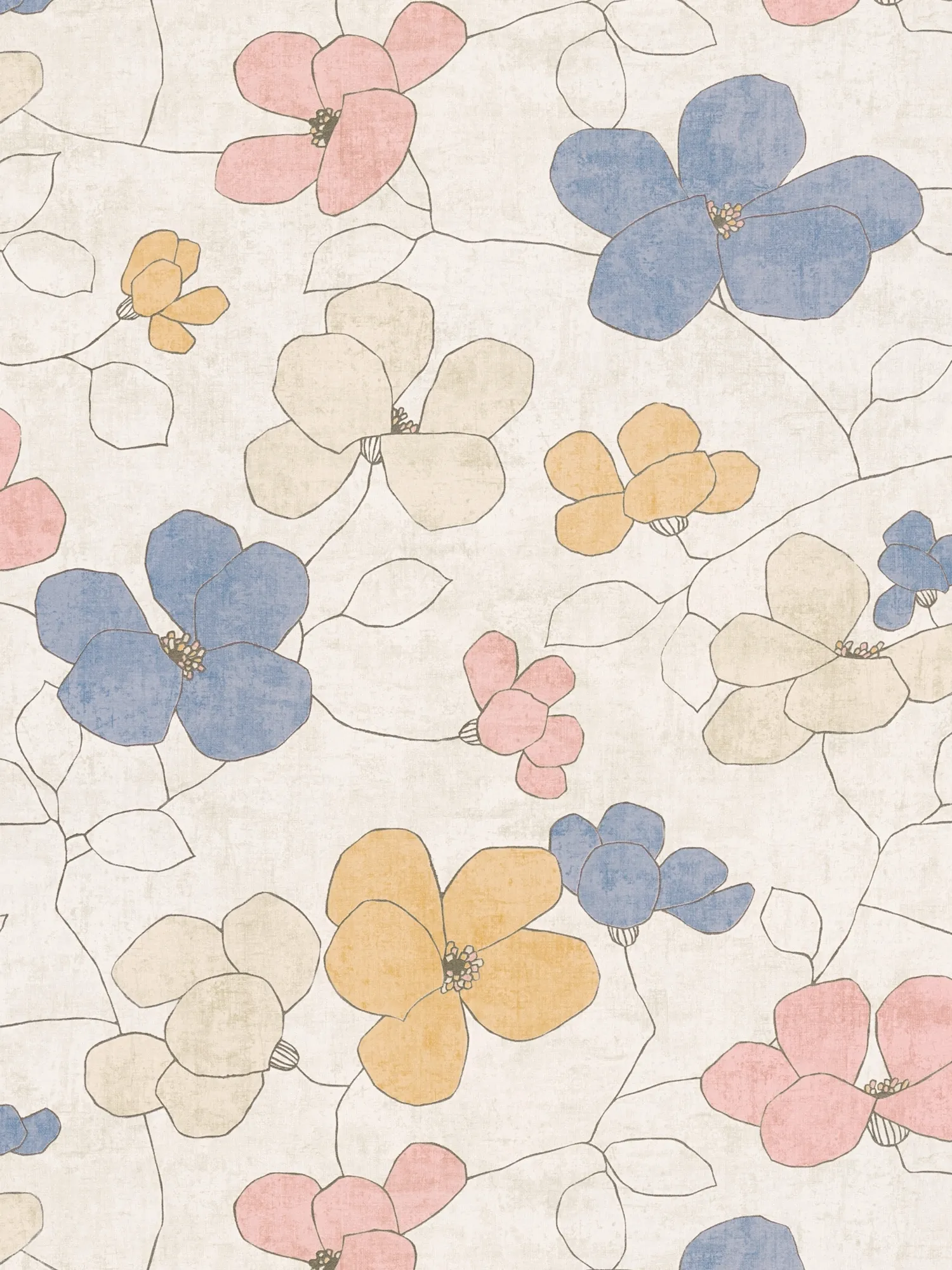 Matt strukturierte Vliestapete mit Blüten im modernen Design – Grau, Gelb, Rosa