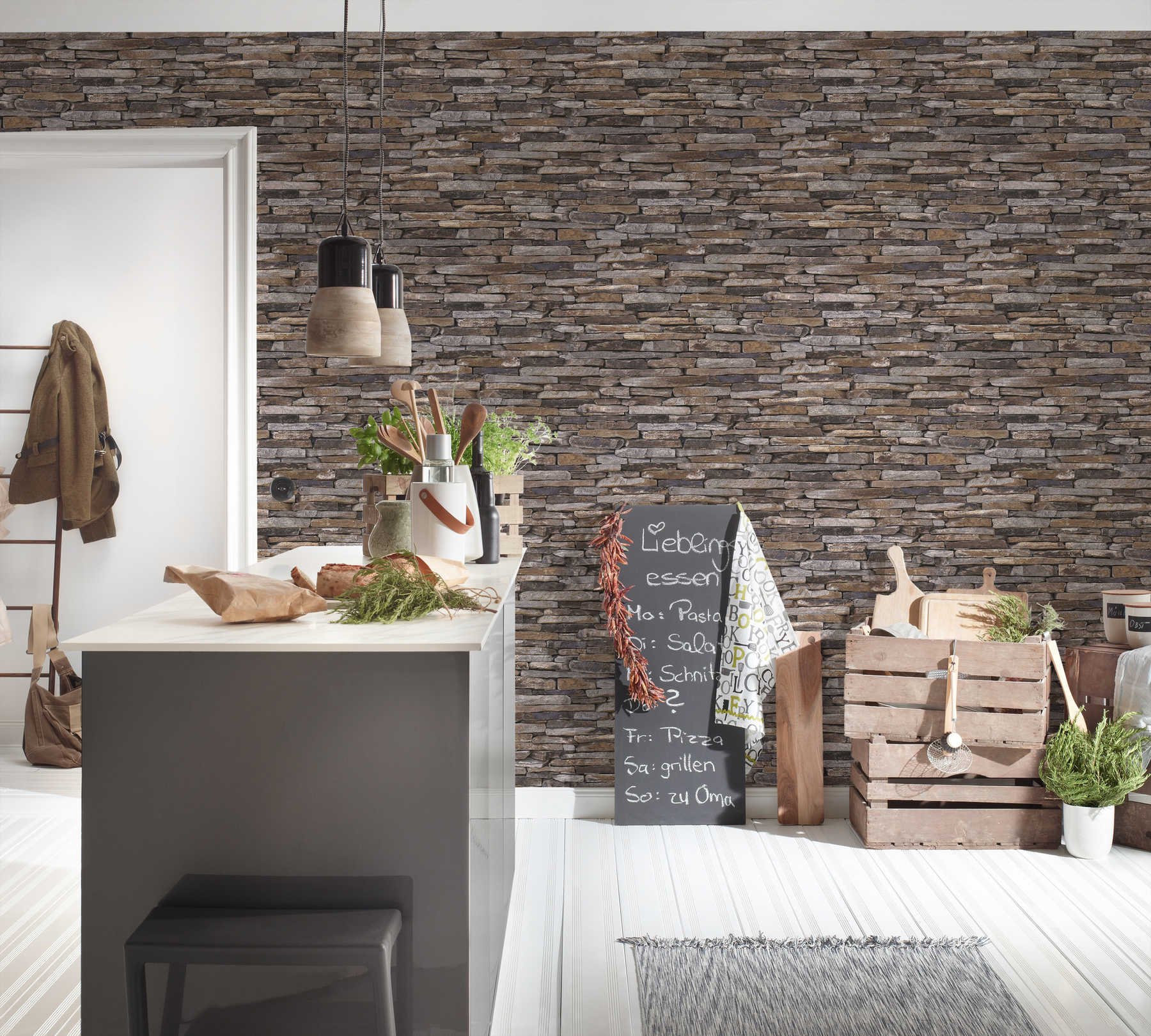 Steintapete mit Trockenmauer &amp; realistischem Naturstein – Braun, Beige, Gelb