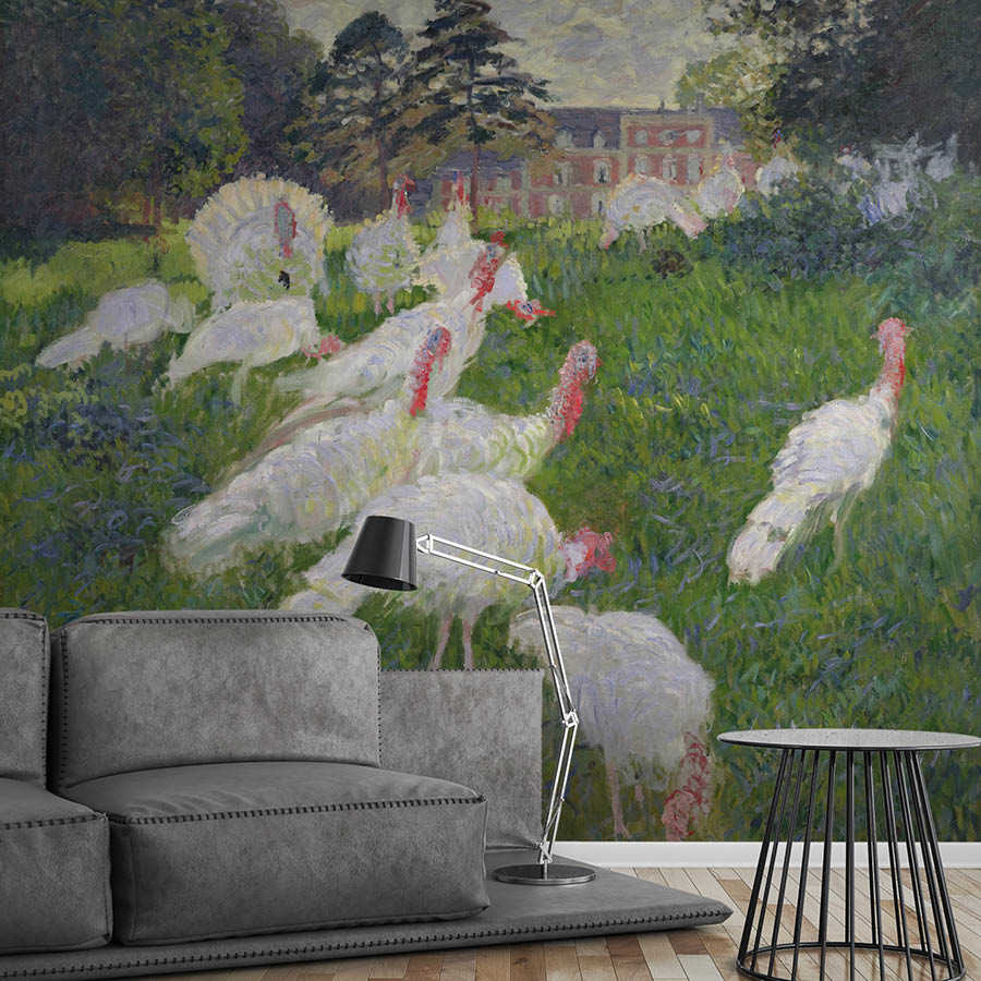 Tapisserie, Feld mit Truthähne, Vogelschwarm, Wiese, Türkei Wandbild