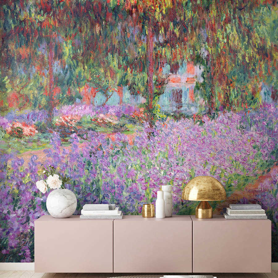 flower garden, purple flowers, impressionist mural, vase decor, console table