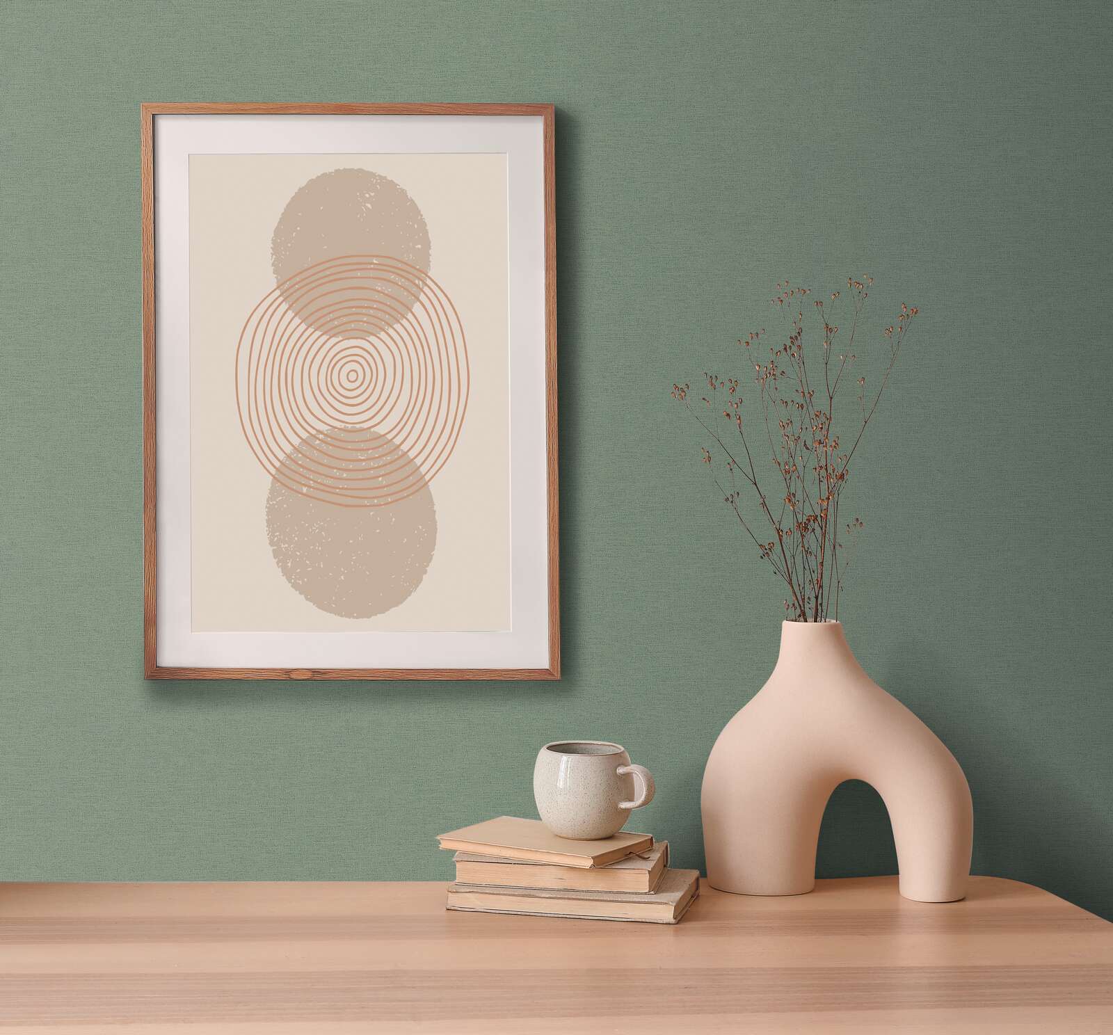 abstrakte Kunst, gerahmtes Poster, Kreis Muster, beiges Druckwerk, grüne Wanddekoration