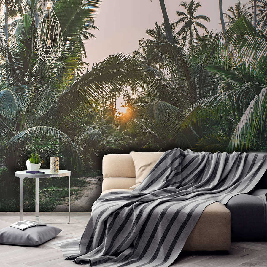 Wandtapete, Dschungel mural, Wohnzimmer wandbild, Sofa mit Decke, Granitgrau Streifen