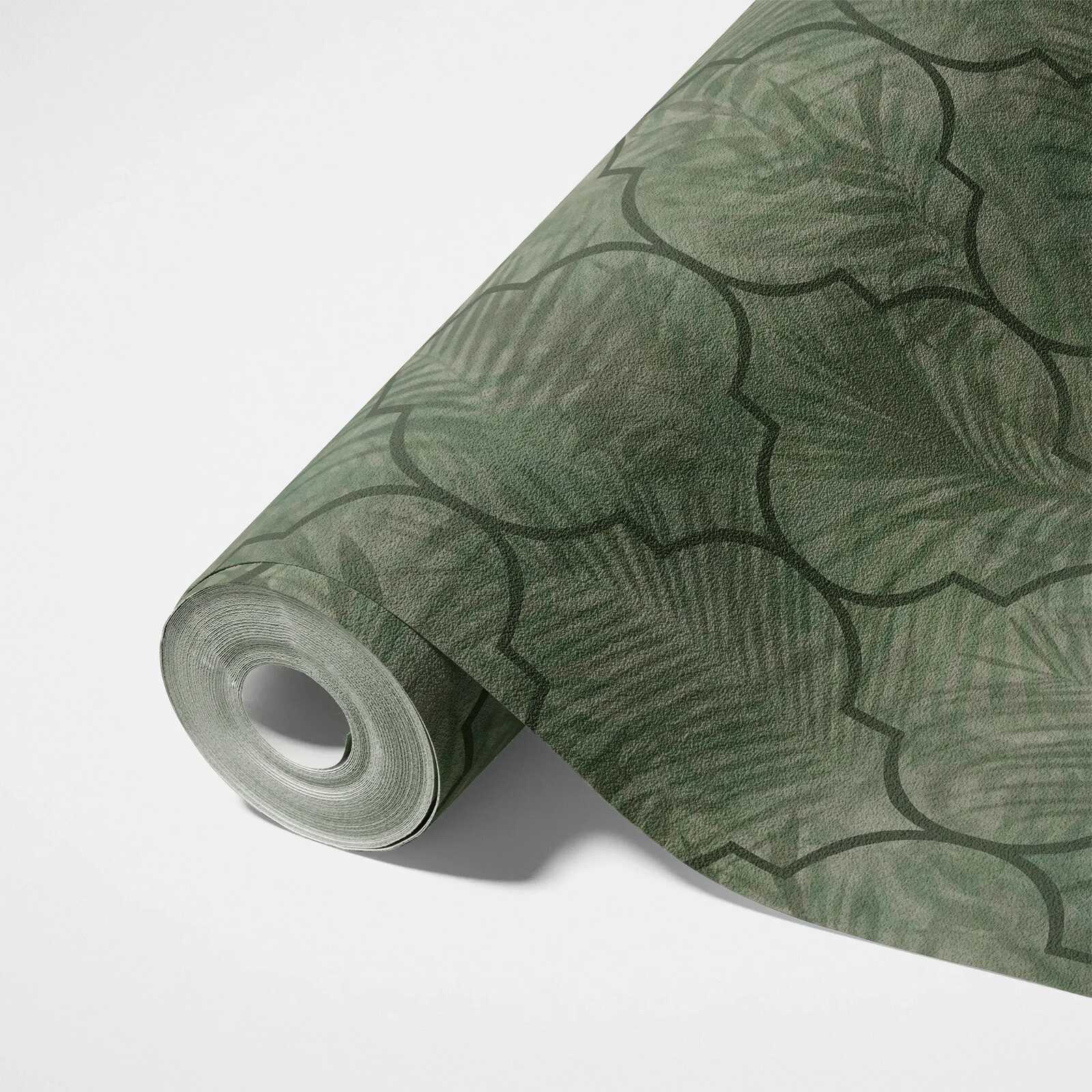             Vliestapete mit Blättermuster auf Fliesenoptik – Grün
        