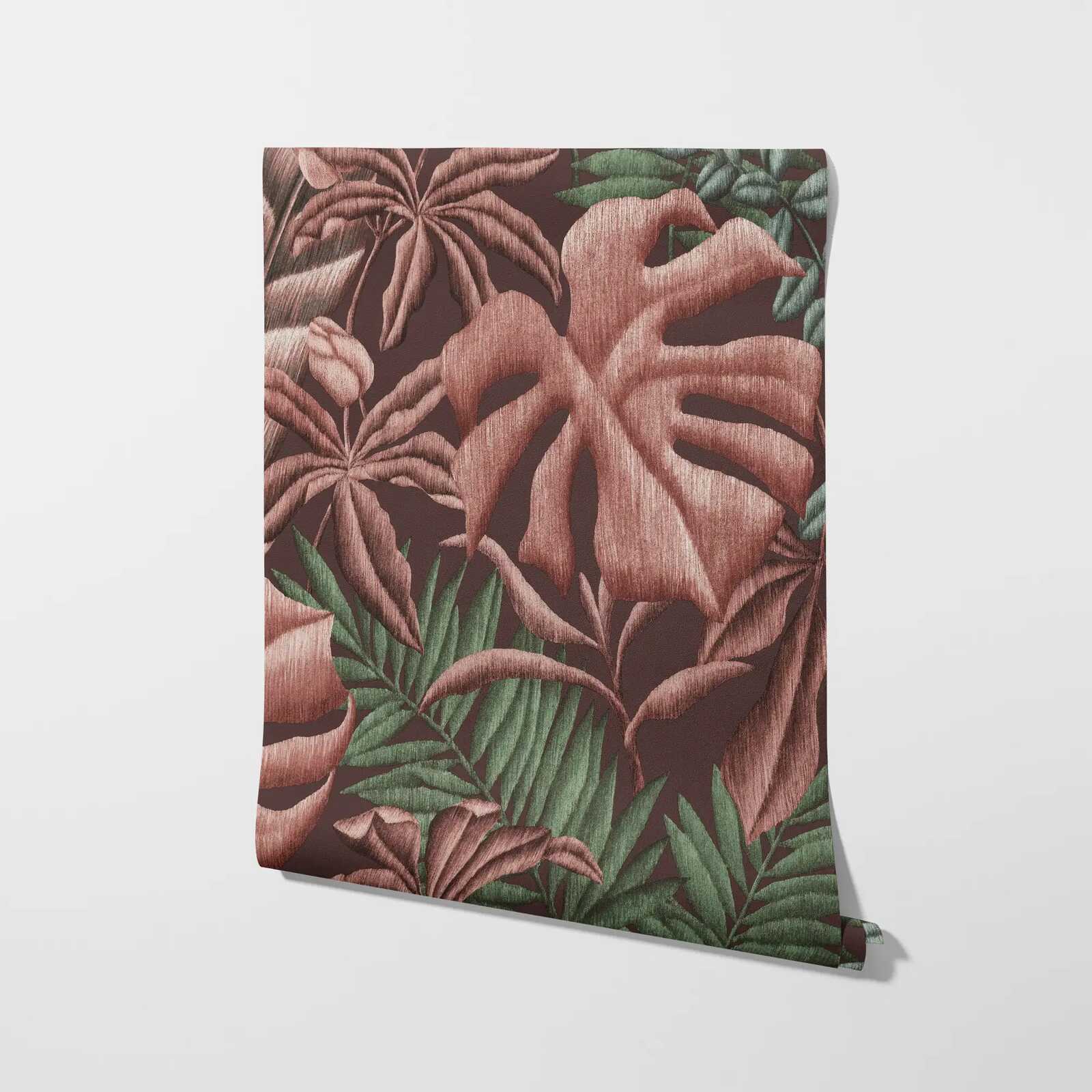             Bloemrijk vliesbehang met bladeren varen & bananenbladeren - roze, groen, turquoise
        