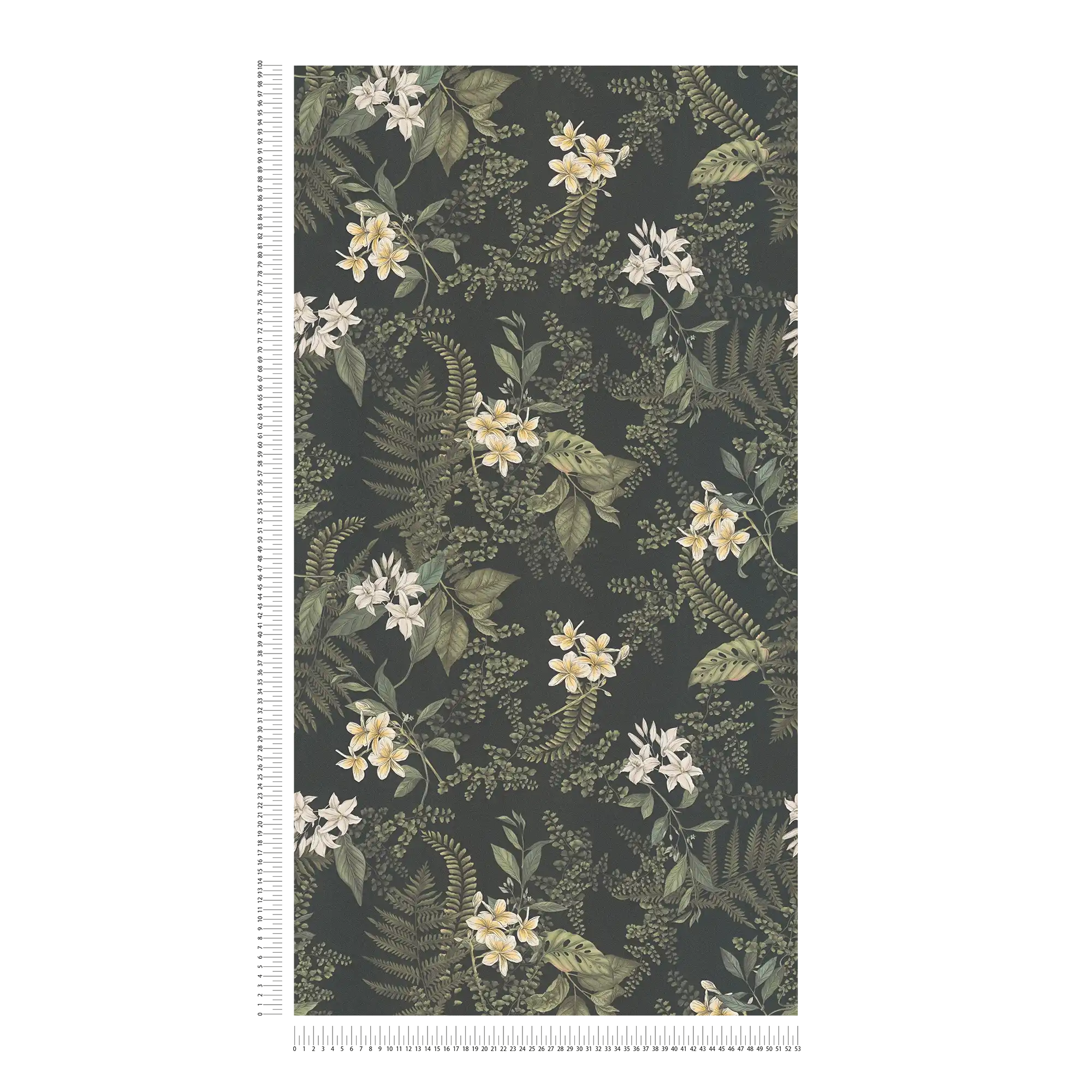 Moderne Tapete floral mit Blüten &amp; Gräsern strukturiert matt – Schwarz, Dunkelgrün, Weiß