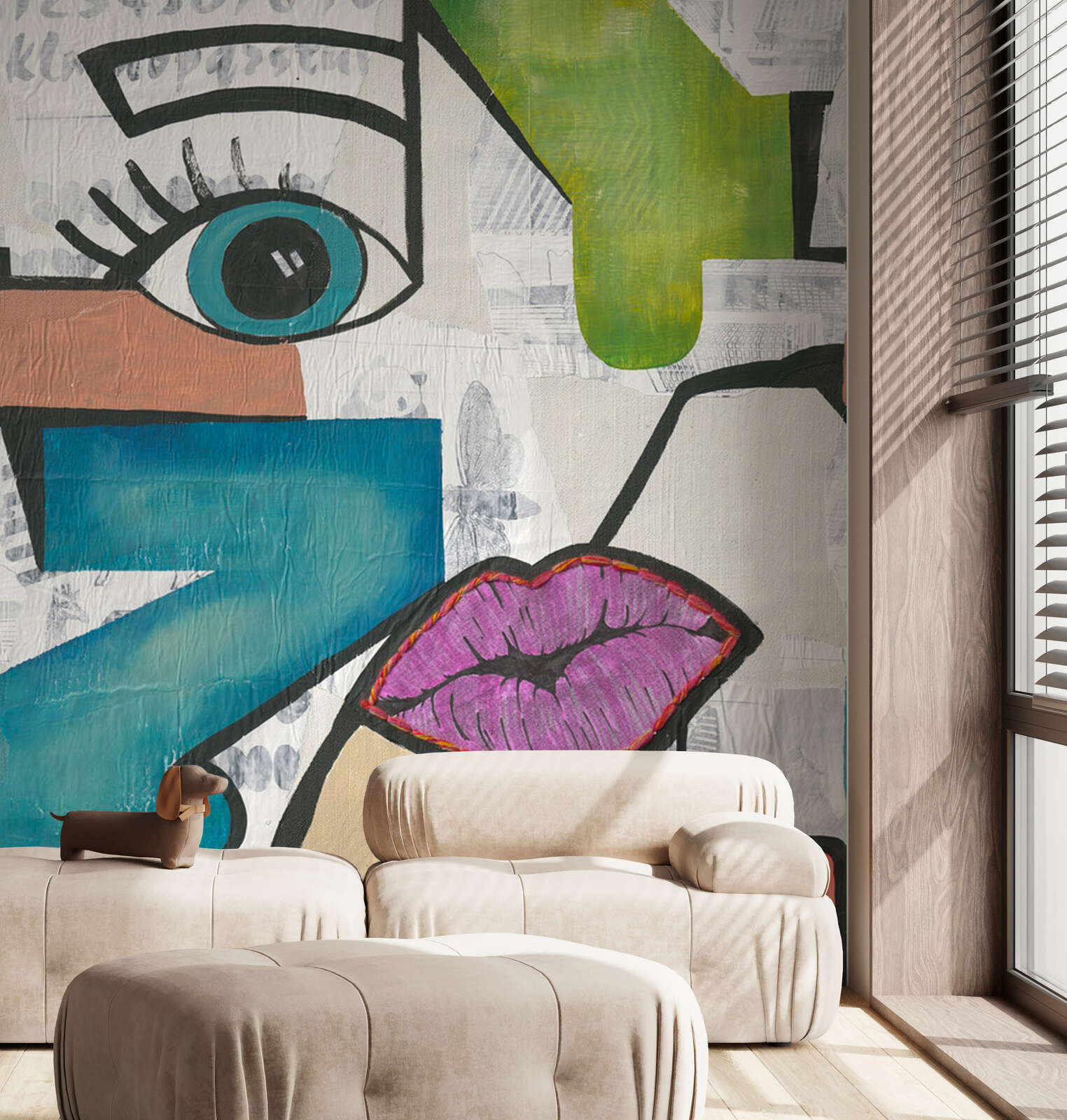 abstrakte Wandkunst, Augen-Grafik, Lippen-Design, Farbblöcke, moderne Kunst