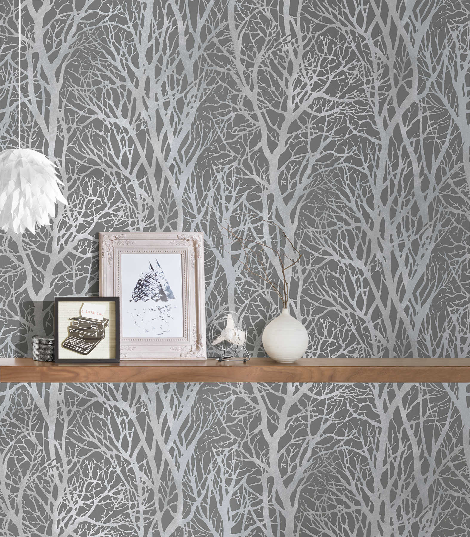             Anthrazit Tapete mit Ast-Motiv & Metallic-Effekt – Silber, Grau
        