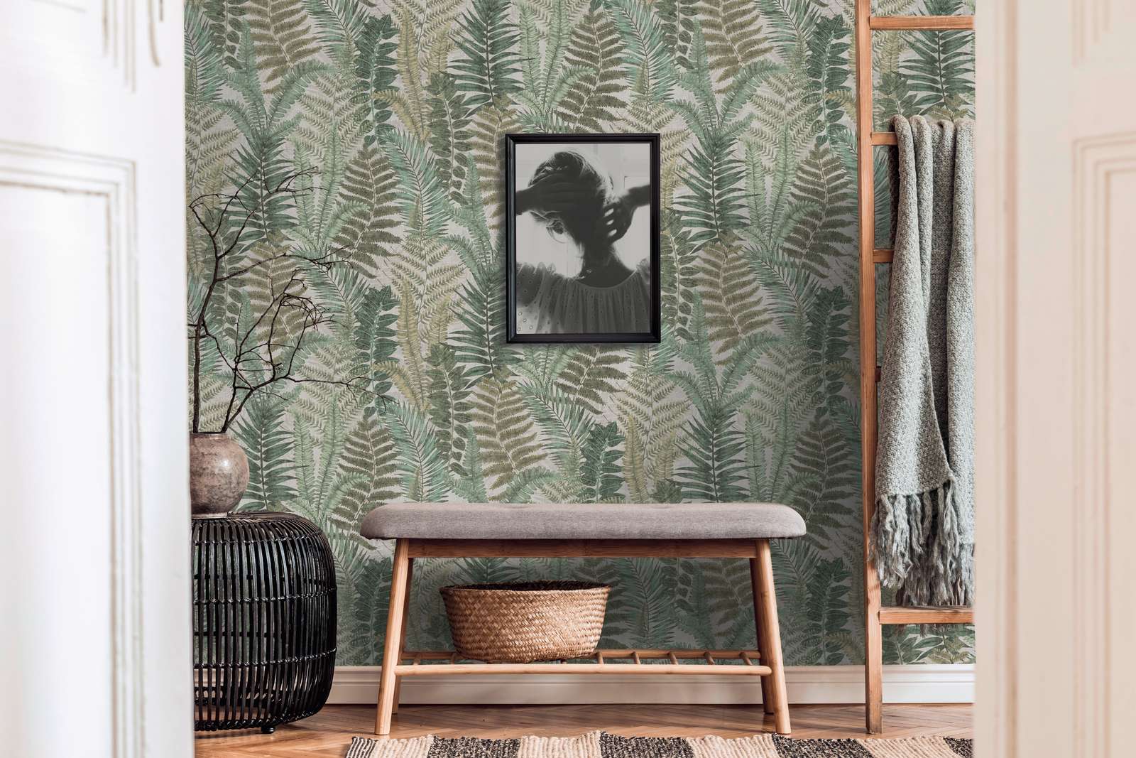 Tapete floral mit Farnblättern leicht strukturiert, matt – Beige, Grün, Braun