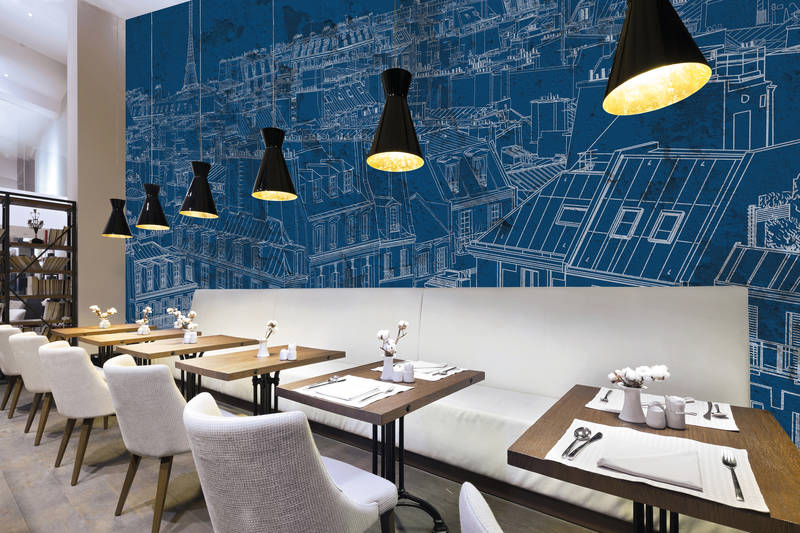             Parijs Blauwdruk Ontwerp & Skyline Behang - Blauw, Wit
        