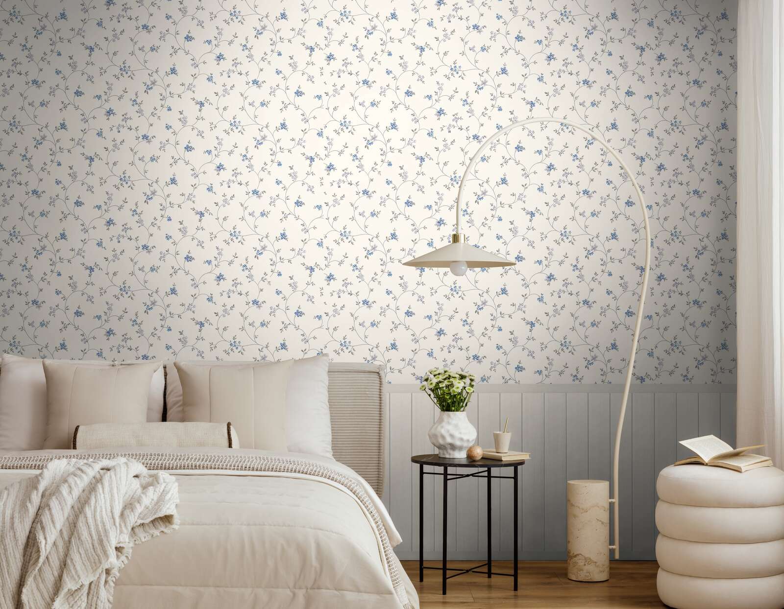 Wandtapete, Blumiges Muster, Blaue Motive, Schlafzimmer, Pastellfarben