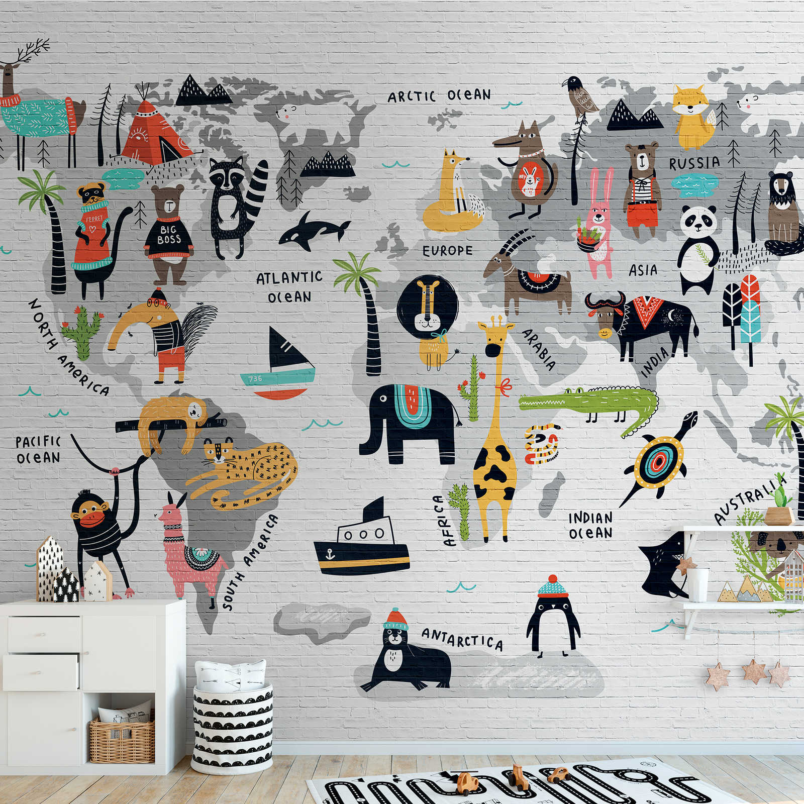 Wanddeko, Weltkarte, Wandmalerei, Kinderzimmer, Tiere